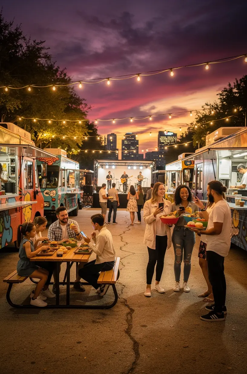 Группа людей наслаждается дегустацией блюд в местном гастрономическом центре США.